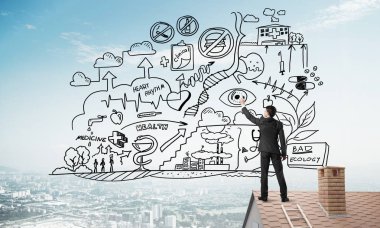 İş başarı planı çizim arka olan genç adam. Karışık teknik