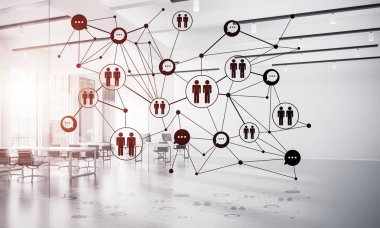 Noktalarla bağlantılı çizgiler ofis içi sosyal iletişim konsepti olarak. 3B görüntüleme
