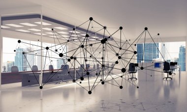 Noktalarla bağlantılı çizgiler ofis içi sosyal iletişim konsepti olarak. 3B görüntüleme