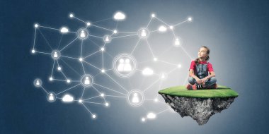 Ada ve sosyal bağlantı kavramı uçan üzerinde oturan sevimli kız