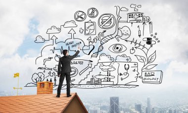 İş başarı planı çizim arka olan genç adam. Karışık teknik