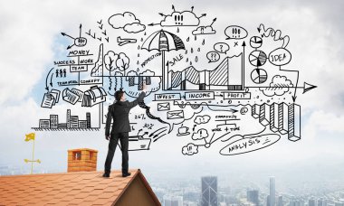 İş başarı planı çizim arka olan genç adam. Karışık teknik