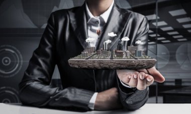 Takım elbise onun el modern şehir blok zemin üzerine office manzaralı sunulmasına işadamı resim kırpılmış. 3D render.