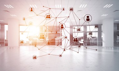 Noktalarla bağlantılı çizgiler ofis içi sosyal iletişim konsepti olarak. 3B görüntüleme