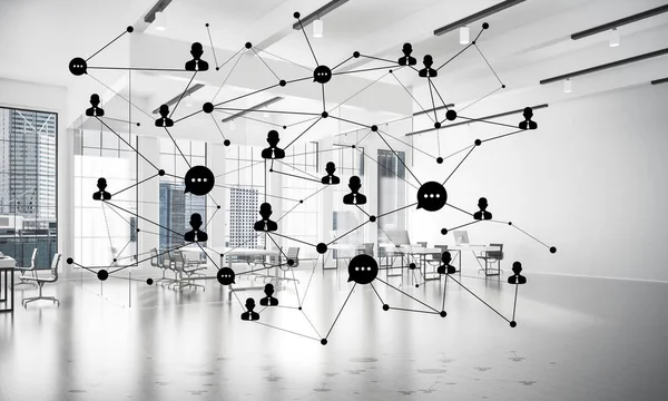 Linie Połączone Kropkami Jako Koncepcja Komunikacji Społecznej Wnętrzu Biura Renderowanie — Zdjęcie stockowe