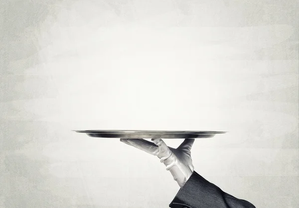 Waiter Hand White Glove Presenting Empty Tray — Stock Photo, Image