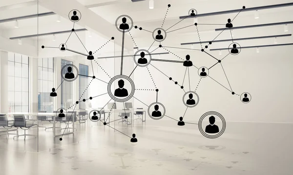 Noktalarla bağlantılı çizgiler ofis içi sosyal iletişim konsepti olarak. 3B görüntüleme