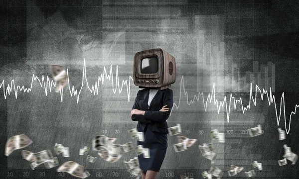 Business woman in suit with old TV instead of head keeping arms crossed while standing against flying dollar banknotes and analytical charts drawn on wall on background. 3D rendering.