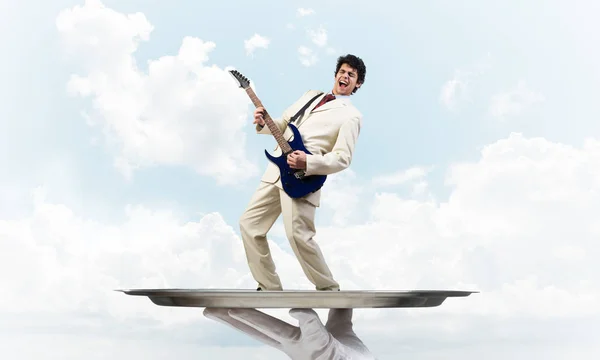Hand Waiter Presenting Tray Man Playing Guitar — Stock Photo, Image
