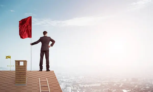 Businessman Standing House Roof Red Holding Flag Mixed Media — Stock Photo, Image