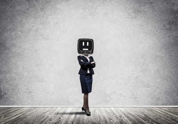 Business Woman Suit Old Instead Head Keeping Arms Crossed While — Stock Photo, Image