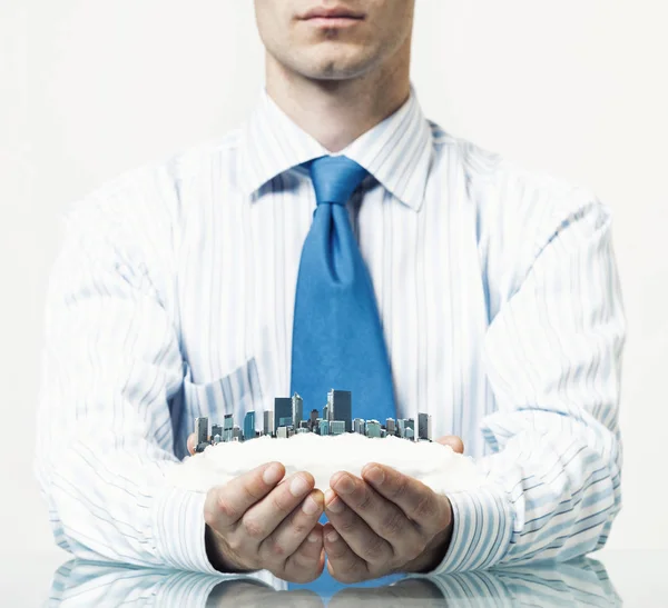 Businessman Sitting Table Presenting Real Estate Insurance Concept — Stock Photo, Image