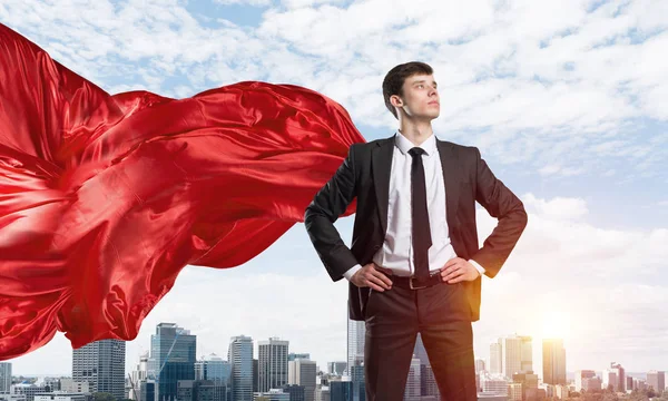 Young Confident Businessman Wearing Red Cape Modern City Background — Stock Photo, Image