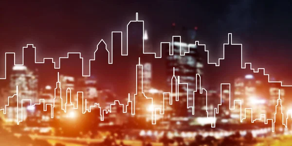 Modern night city scape glowing with lights and its drawn silhouette