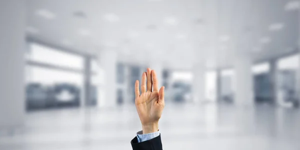 Close Businesswoman Hand Touching Screen Palm Office Background — Stock Photo, Image