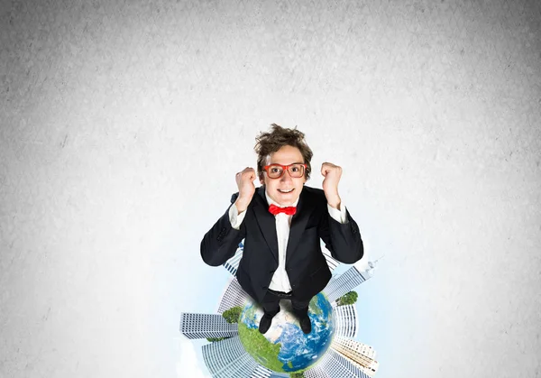 Top View Funny Businessman Red Glasses Celebrating Success Elements Image — Stock Photo, Image