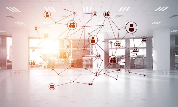 Noktalarla bağlantılı çizgiler ofis içi sosyal iletişim konsepti olarak. 3B görüntüleme