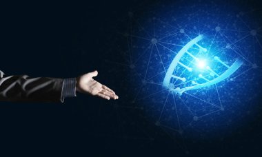 Dna molekülü araştırma kavram olarak sunulması iş adamı el kapatın. Karışık teknik