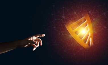 Dna molekülü araştırma kavram olarak sunan adam el kapatın. Karışık teknik