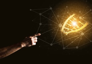 Dna molekülü araştırma kavram olarak sunan adam el kapatın. Karışık teknik