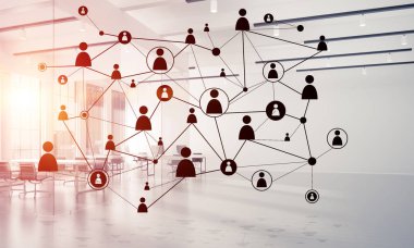 Noktalarla bağlantılı çizgiler ofis içi sosyal iletişim konsepti olarak. 3B görüntüleme