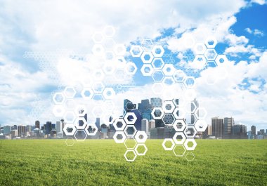 Ekranda medya simgelerine ve arka planda iş şehrine sahip modern teknolojiler kavramı