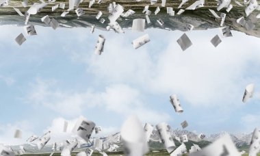 Soyut resim kağıtları uçan arasında ve baş aşağı birbirlerine gökyüzü arka plan üzerinde bulunan iki doğa dünyanın. Duvar kağıdı, zemin ile boşaltmak.