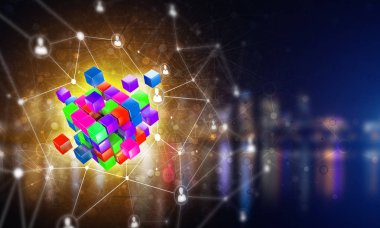 Küp şekli ve sosyal bağlantı çizgileri olan kavramsal arkaplan resmi. 3d oluşturma