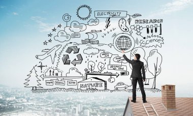 İş başarı planı çizim arka olan genç adam. Karışık teknik