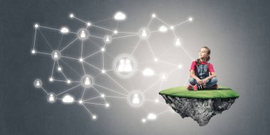 Ada ve sosyal bağlantı kavramı uçan üzerinde oturan sevimli kız