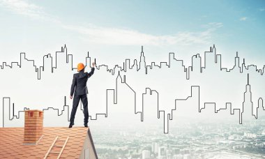 Mühendis, evinin çatısına geri döndü ve şehri çiziyor. Karışık ortam