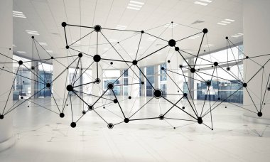 Noktalarla bağlantılı çizgiler ofis içi sosyal iletişim konsepti olarak. 3B görüntüleme