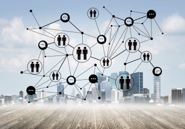 Ahşap zemin ve ekranda sosyal bağlantı kavramı üzerinde modern cityscape