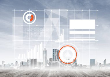 Ekranda medya simgelerine ve arka planda iş şehrine sahip modern teknolojiler kavramı