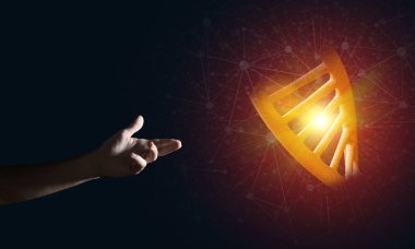 Dna molekülü araştırma kavram olarak sunan adam el kapatın. Karışık teknik