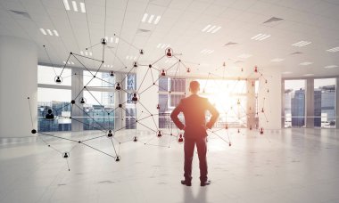 3D ofis içi ve sosyal bağlantı kavramındaki zarif iş adamı. Karışık ortam