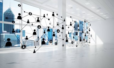 Noktalarla bağlantılı çizgiler ofis içi sosyal iletişim konsepti olarak. 3B görüntüleme