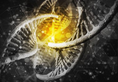 DNA molekülü araştırma konseptiyle arkaplan resmi. 3B görüntüleme
