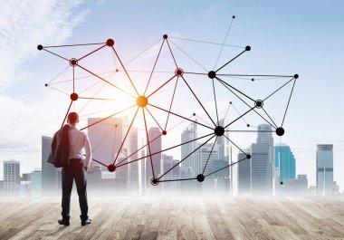 İşadamı arkasını kolluyor ve ağ çizimi kavramına bakıyor