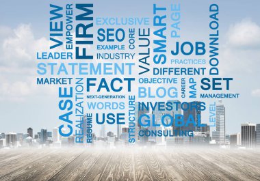 Şehir planında anahtar sözcükler kolajına sahip modern iş kavramı