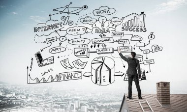 İş başarı planı çizim arka olan genç adam. Karışık teknik