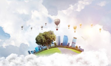 Kent manzaralı kule ve gökdelen yeşil uçan ada. Aerostates ve mavi bulutlu gökyüzü arka plan üzerinde uçan. 3D render.