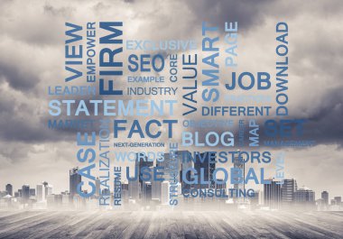 Şehir planında anahtar sözcükler kolajına sahip modern iş kavramı