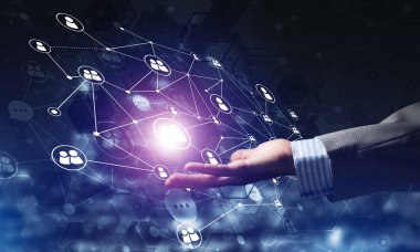 Koyu arkaplan üzerinde sosyal bağlantı çizgileri olan arkaplan kavramsal resmi