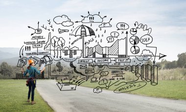 Açık havada mühendis kadının arka planı ve ekrana konsept çizimi