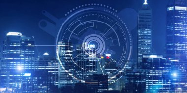 Gece parlayan şehre karşı sanal arayüzü olan arkaplan kavramsal görüntüsü