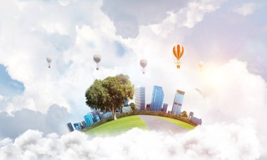 Kent manzaralı kule ve gökdelen yeşil uçan ada. Aerostates ve mavi bulutlu gökyüzü arka plan üzerinde uçan. 3D render.