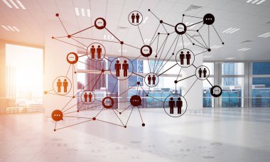 Noktalarla bağlantılı çizgiler ofis içi sosyal iletişim konsepti olarak. 3B görüntüleme