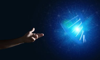 Dna molekülü araştırma kavram olarak sunan adam el kapatın. Karışık teknik