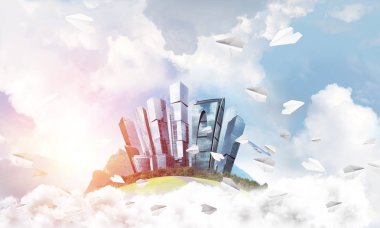 Gökyüzünde bulutların üzerinde yüzen binalar ve gökdelenlerle modern şehir manzarası